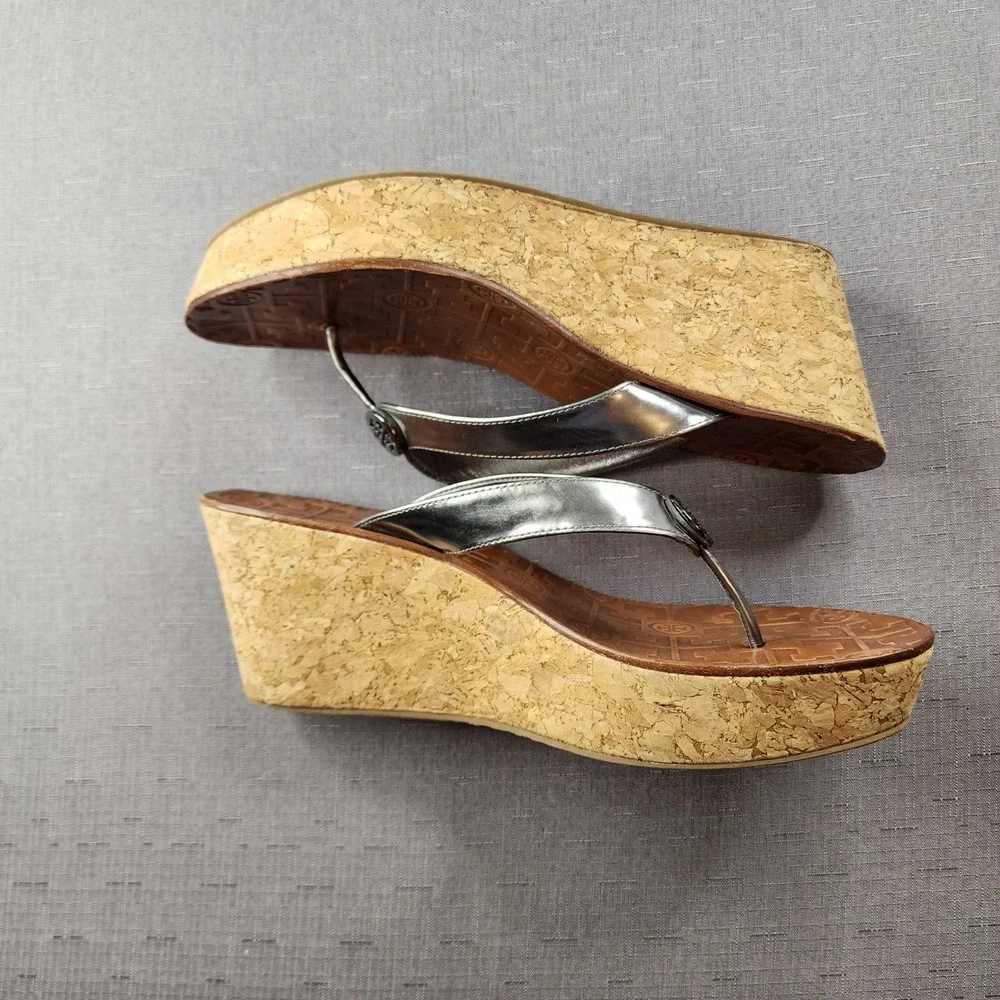 Tory Burch Thora Wedge Sandal Metallic Grey Leather Cork Platform Womens 10.5